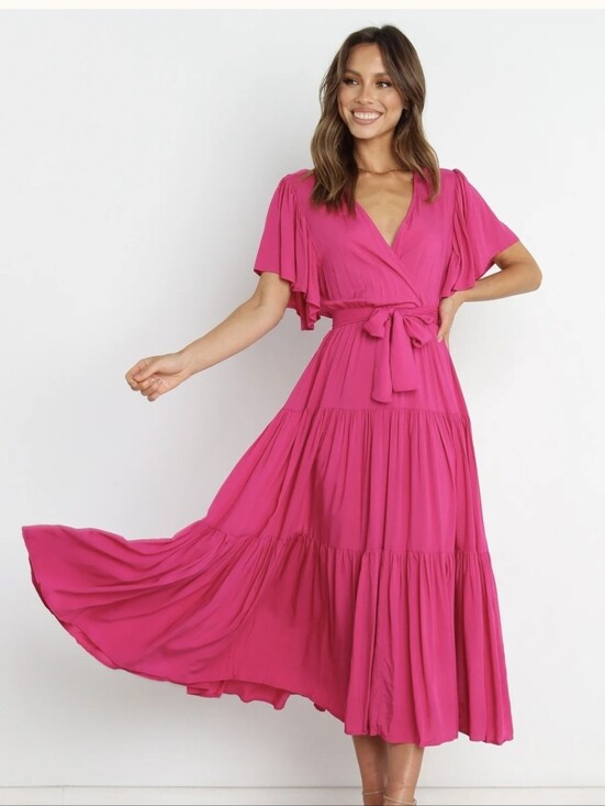 Petal & Pup Dresses & Skirts - Petal & Pup Flutter Sleeve Wrap Midi Dress in Fuchsia